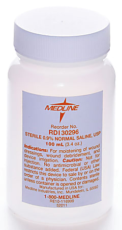Medline Sterile Saline Solution Containers, Irrigation, 100 mL, Pack Of 48