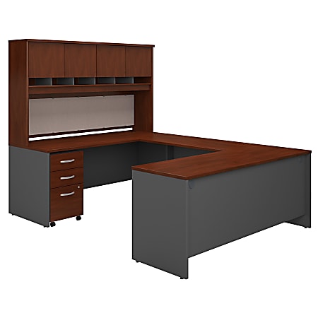 Bush Business Furniture Components 72"W U-Shaped Desk With Hutch And Storage, Hansen Cherry/Graphite Gray, Premium Installation