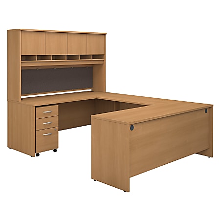 Bush Business Furniture Components 72"W U-Shaped Desk With Hutch And Storage, Light Oak, Premium Installation