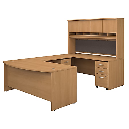 Bush Business Furniture 72"W Bow-Front U-Shaped Desk With Hutch And Storage, Light Oak, Premium Installation