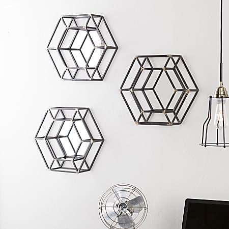 Holly & Martin Wyson Honeycomb Wall Mirrors, 16" x 9 3/4", Antique Gold/Matte Black, Set Of 3