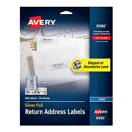Avery® Permanent Inkjet Foil Mailing Labels, 8986, 3/4" x 2 1/4", Silver, Pack Of 300