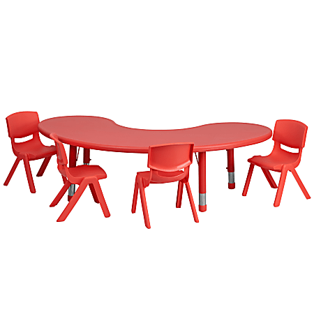 Flash Furniture Half-Moon Plastic Height-Adjustable Activity Table Set With 4 Chairs, 23-3/4"H x 35"W x 65"D, Red
