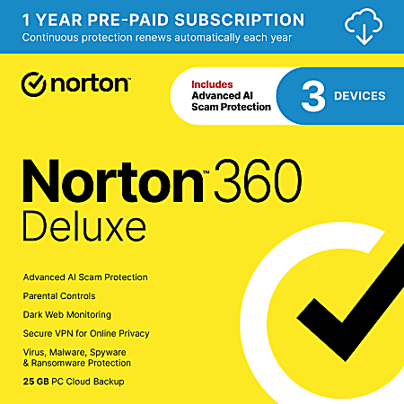 Norton™ 360 Deluxe, For 3 Devices, 1 Year Subscription, Windows®, Download