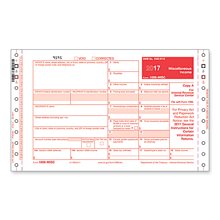 ComplyRight 1099-MISC Continuous Self-Mailer Tax Forms For 2017, Outside Copies A, State And C/Inside Copy B, 4-Part, 9" x 11", Pack Of 100 Forms