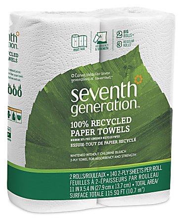 Seventh Generation™ 2-Ply Paper Towels, 100% Recycled, 140 Sheets Per Roll, Pack Of 2 Rolls