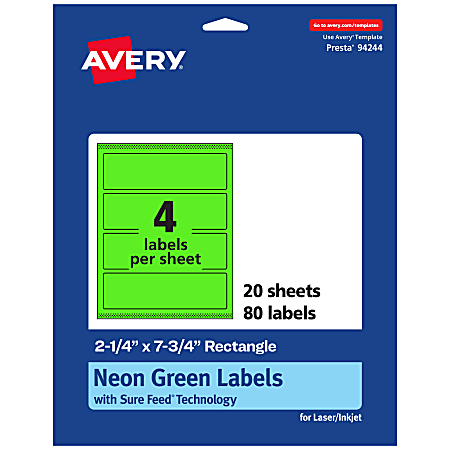 Avery® Print-To-The-Edge Labels With Sure Feed® Technology, 94244-NGP20, Rectangle, 2-1/4" x 7-3/4", Matte Neon Green, Pack of 80