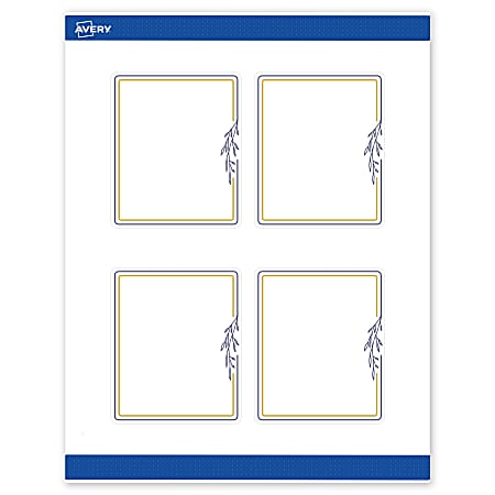 Avery® Print-To-The-Edge Labels With Sure Feed® Technology, S00-DNF-PRWMP10, Rectangle, 4" x 3-1/3", Matte White, Preprinted Gold & Navy Border with Florals Design, Pack Of 40