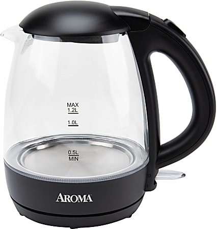 Aroma 1.2L Cordless Glass Kettle, 7-1/2”H x 6-1/2”W x 9-1/2”D, Clear/Black