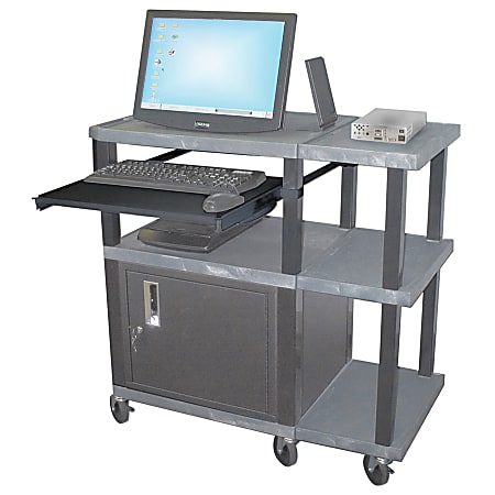 Tuffy Wide-Platform Presentation Station With Locking Cabinet & Keyboard Shelf, 42"H x 36"W x 18"D, Gray