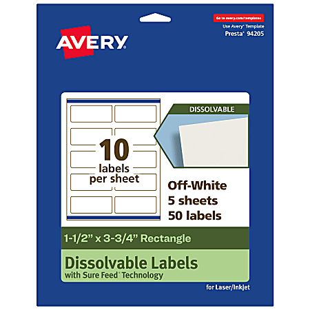 Avery® Print-to-the-Edge Dissolvable Labels With Sure Feed® Technology, 94205-DWMP5, Rectangle, 1-1/2"x3-3/4", Matte Off-White, Pack Of 50