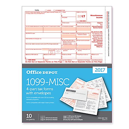 Office Depot® Brand 1099-MISC Inkjet/Laser Tax Forms For 2017 Tax Year With Envelopes, 2-Up, 4-Part, 8 1/2" x 11", Pack Of 10