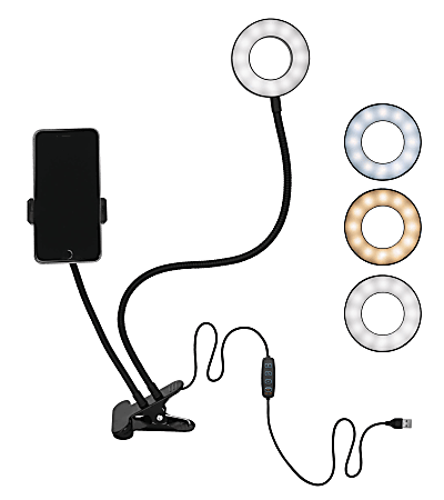3.5" diameter with LED lights provide three temperature modes with ten levels in each mode.Phone holder helps get the angle you need while keeping your hands freeLarge clip can be used just about anywhereUSB powered with built-in remote
