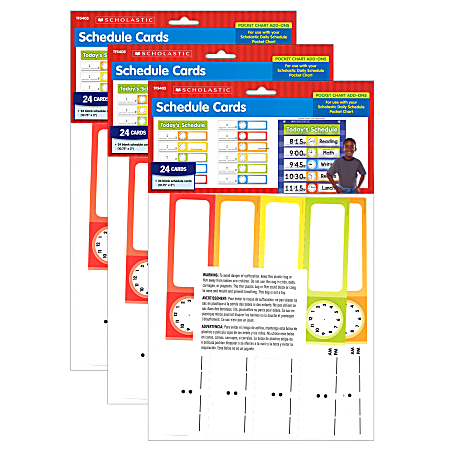 Scholastic Teacher Resources Schedule Cards, Pocket Chart Add-Ons, 2" x 10-3/4", Assorted Colors, 24 Cards Per Pack, Set Of 3 Packs