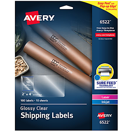 Avery® Glossy Permanent Labels, 6522, Shipping, 2" x 4", Clear, Pack Of 100