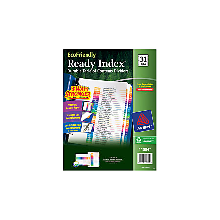 Avery® EcoFriendly Ready Index® Table Of Contents Dividers, 8 1/2" x 11", 31-Tab, Multicolor Dividers/Multicolor Tabs