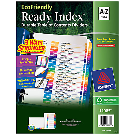 Avery® Ready Index A-Z Dividers For 3 Ring Binders, 8 1/2" x 11", 26-Tab Set, Multicolor, 1 Set