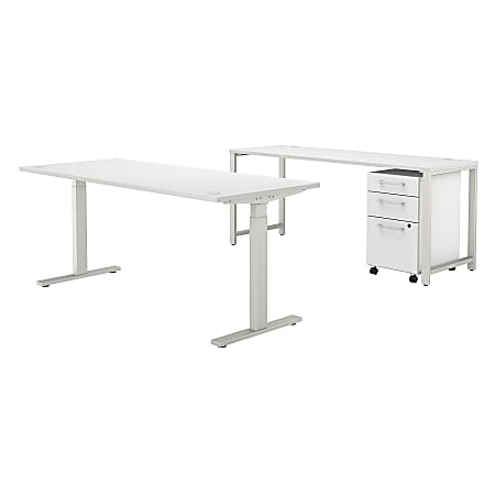 Bush Business Furniture 400 Series 72"W x 30"D Height-Adjustable Standing Desk With Credenza And Drawers, White, Premium Installation