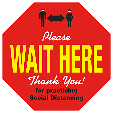 Alliance Social Distancing Floor Decals, Please Wait Here, 8-1/2" Octagon, Red, Pack Of 25 Floor Decals