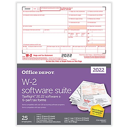 Office Depot® Brand W-2 Laser Tax Forms With Software, 6-Part, 2-Up, 8-1/2" x 11", Pack Of 25 Form Sets