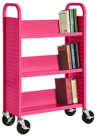 Sandusky® Book Truck, Single-Sided With 3 Sloped Shelves, 46"H x 32"W x 14"D, Pink