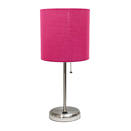 LimeLights Brushed Steel Stick Lamp with USB charging port and Pink Fabric Shade
