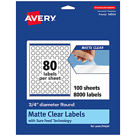 Avery® Permanent Labels With Sure Feed®, 94504-CMF100, Round, 3/4", Matte Clear, Pack Of 8,000