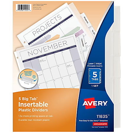 Avery® Big Tab Insertable Plastic Dividers, 8-1/2" x 11", Clear, Pack Of 5 Dividers