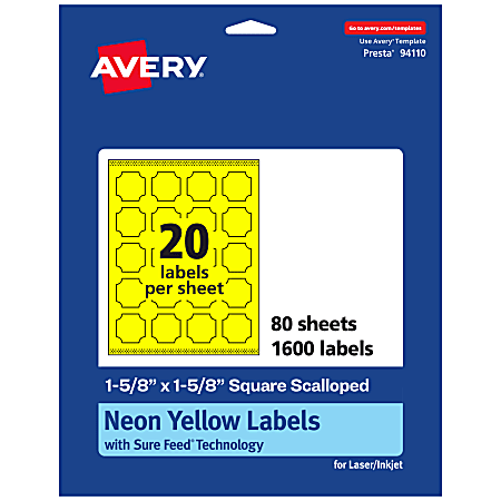 Avery® Print-To-The-Edge Labels With Sure Feed® Technology, 94110-NYP80, Square Scalloped, 1-5/8" x 1-5/8", Matte Neon Yellow, Pack of 1600