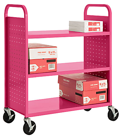 Sandusky® Book Truck, Double-Sided With 3 Flat Shelves, 46"H x 39"W x 19"D, Pink