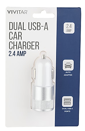 Vivitar Dual USB A Car Charger White NIL6001 WHT STK 24 - Office Depot