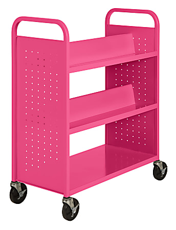 Sandusky® Book Truck, Double-Sided With 1 Flat/4 Sloped Shelves, 46"H x 39"W x 19"D, Pink