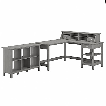 Bush Furniture Broadview 60"W L-Shaped Computer Desk With Desktop Organizer And 6-Cube Bookcase, Modern Gray, Standard Delivery