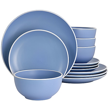 Spice by Tia Mowry Creamy Tahini 12-Piece Stoneware Dinnerware Set, Matte Blue