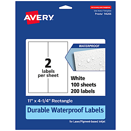 Avery® Waterproof Permanent Labels, 94266-WMF100, Rectangle, 11" x 4-1/4", White, Pack Of 200