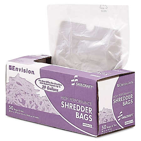 SKILCRAFT Shredder Bags, 36" x 39", 39 Gallons, Clear, Roll Of 50 Bags, (AbilityOne 8105-01-399-4793)