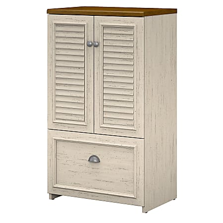 Bush Furniture Fairview Storage Cabinet With Drawer, Antique White/Tea Maple, Standard Delivery