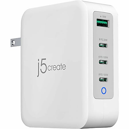 j5Create 130W GaN USB C 4 Port Charger, White/Gray, JUP43130