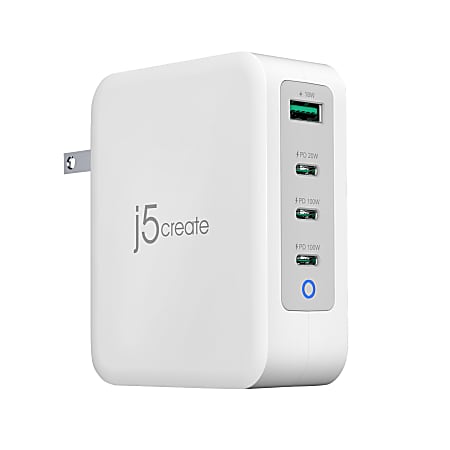 j5Create 130W GaN USB C 4 Port Charger, White/Gray, JUP43130