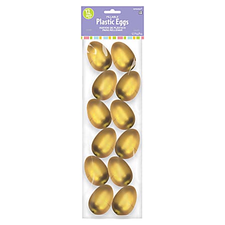Amscan Plastic Metallic Easter Eggs, 3" x 2", Gold, 12 Eggs Per Bag, Pack Of 4 Bags