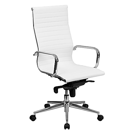 Flash Furniture Ribbed Upholstered Bonded LeatherSoft™ High-Back Swivel Chair, White/Silver