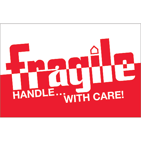 Tape Logic® Preprinted Labels, DL1054, Fragile — Handle With Care 2—Tone, Rectangle, 2" x 3", Red/White, Roll Of 500