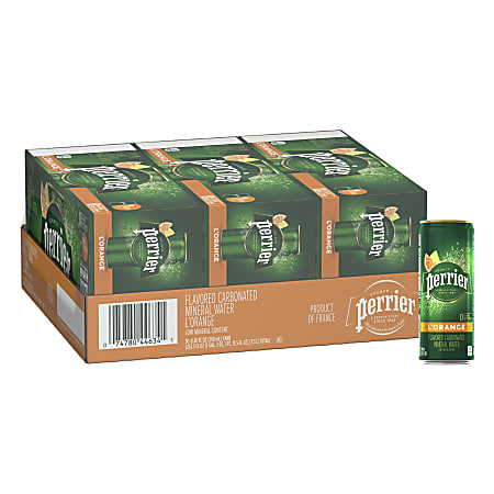 Perrier® L'Orange Sparkling Natural Mineral Water with Lemon/Orange Flavor, 8.45 Oz, Case Of 30 Slim Cans