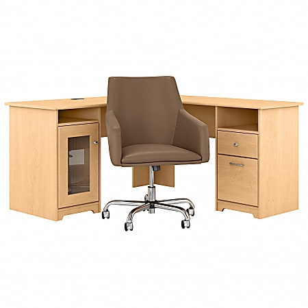 Bush Furniture Cabot 60"W L-Shaped Computer Desk With Mid-Back Leather Box Chair, Natural Maple, Standard Delivery