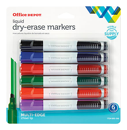 Office Depot® Brand Round Liquid Dry-Erase Markers, Chisel Tip, Clear Barrel, Assorted Ink Colors, Pack Of 6