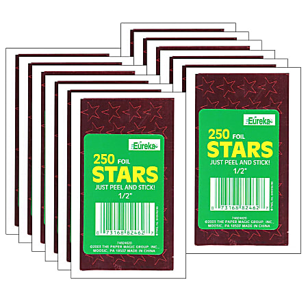 Eureka Presto-Stick Foil Star Stickers, 1/2", Red, 250 Stickers Per Pack, Set Of 12 Packs