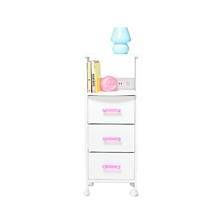 Dormify Sutton Charging 3-Drawer Cart on Wheels, Hot Pink