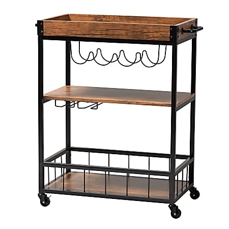 Baxton Studio Cerne Mobile Bar Cart With Wine Bottle Rack, 35-7/16” x 31-1/2”, Golden Oak/Black