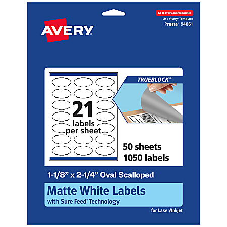 Avery® Print-To-The-Edge TrueBlock® Labels With Sure Feed®, 94061-TWMP50, Oval Scalloped, 1-1/8" x 2-1/4", Matte White, Pack Of 1050