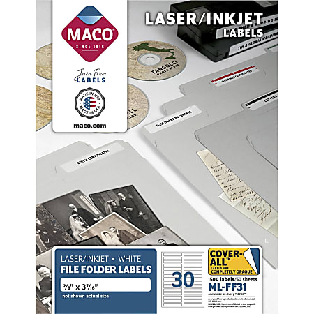 Maco Assorted Laser/Inkjet File Folder Labels - 43/64" x 3 7/16" Length - Permanent Adhesive - Inkjet, Inkjet - White - 30 / Sheet - 1500 / Box